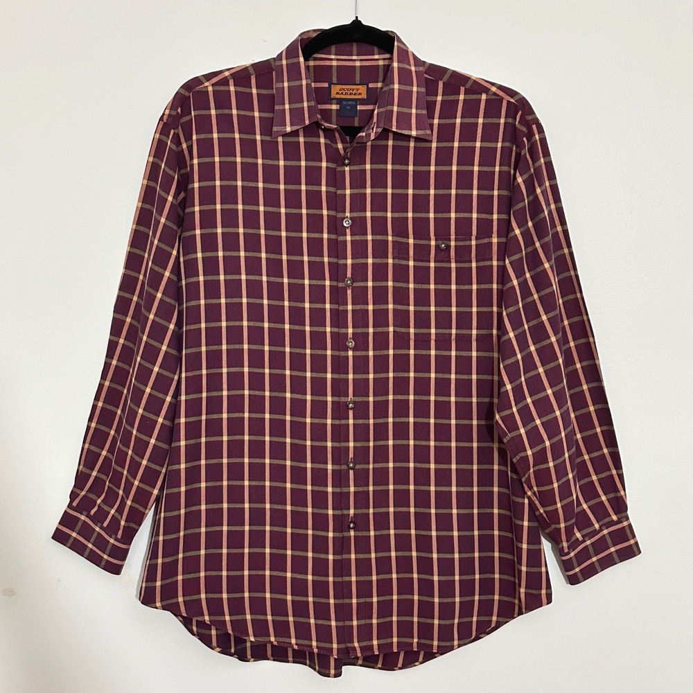 Scott Barber Men XL Shirt Burgundy Fall Plaid Grid Check Classic Business Casual
